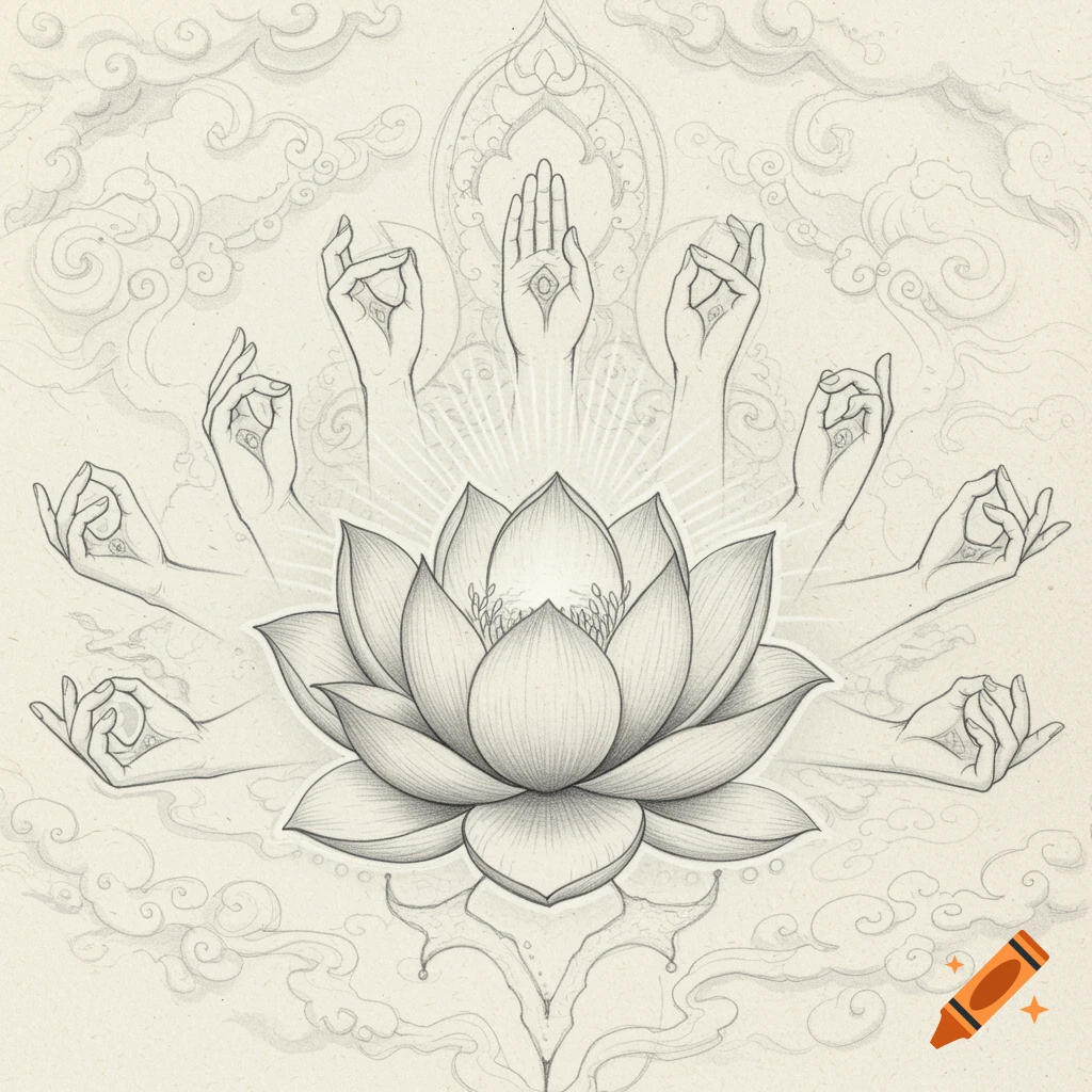 Sketch of a lotus flower with radiating light, surrounded by multiple hands in various mudras, against a cloud-patterned background.
