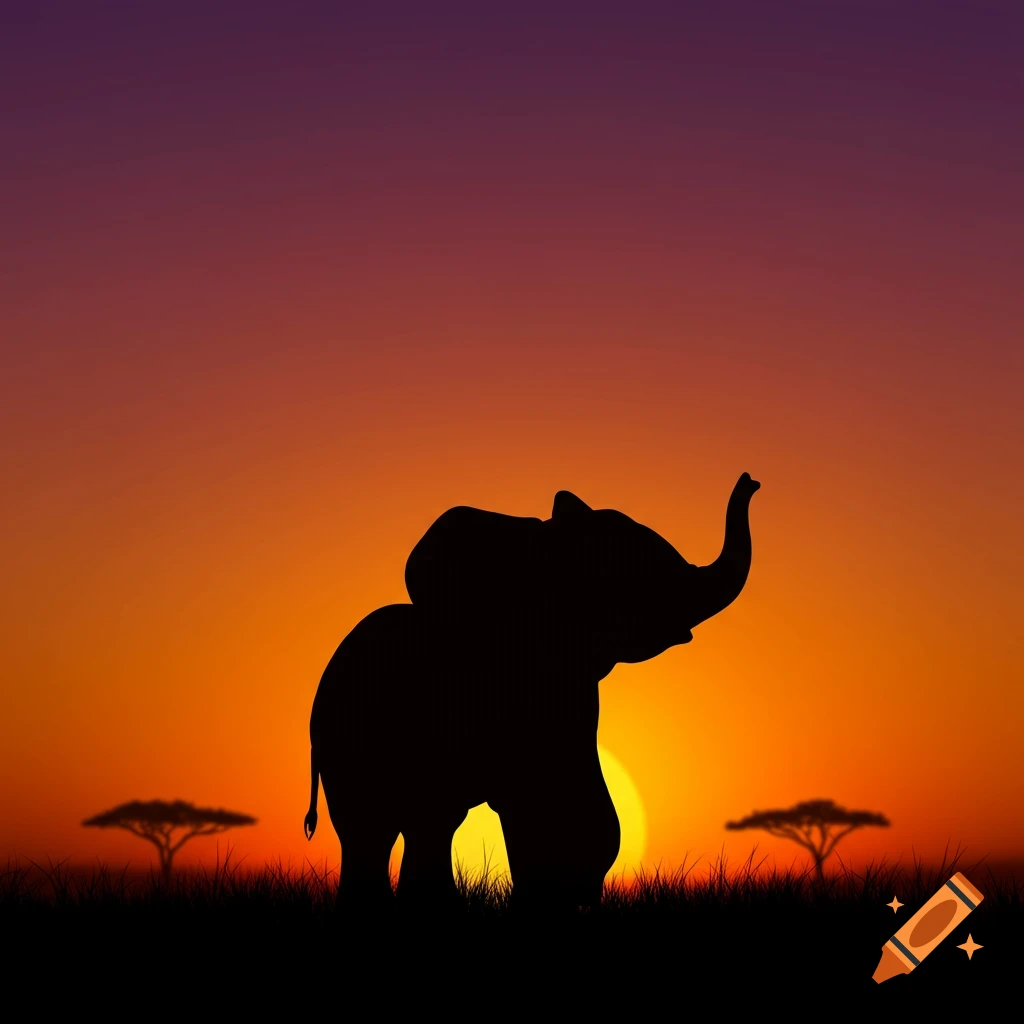 Silhouette of an elephant against a vibrant orange and purple sunset in a savanna landscape.