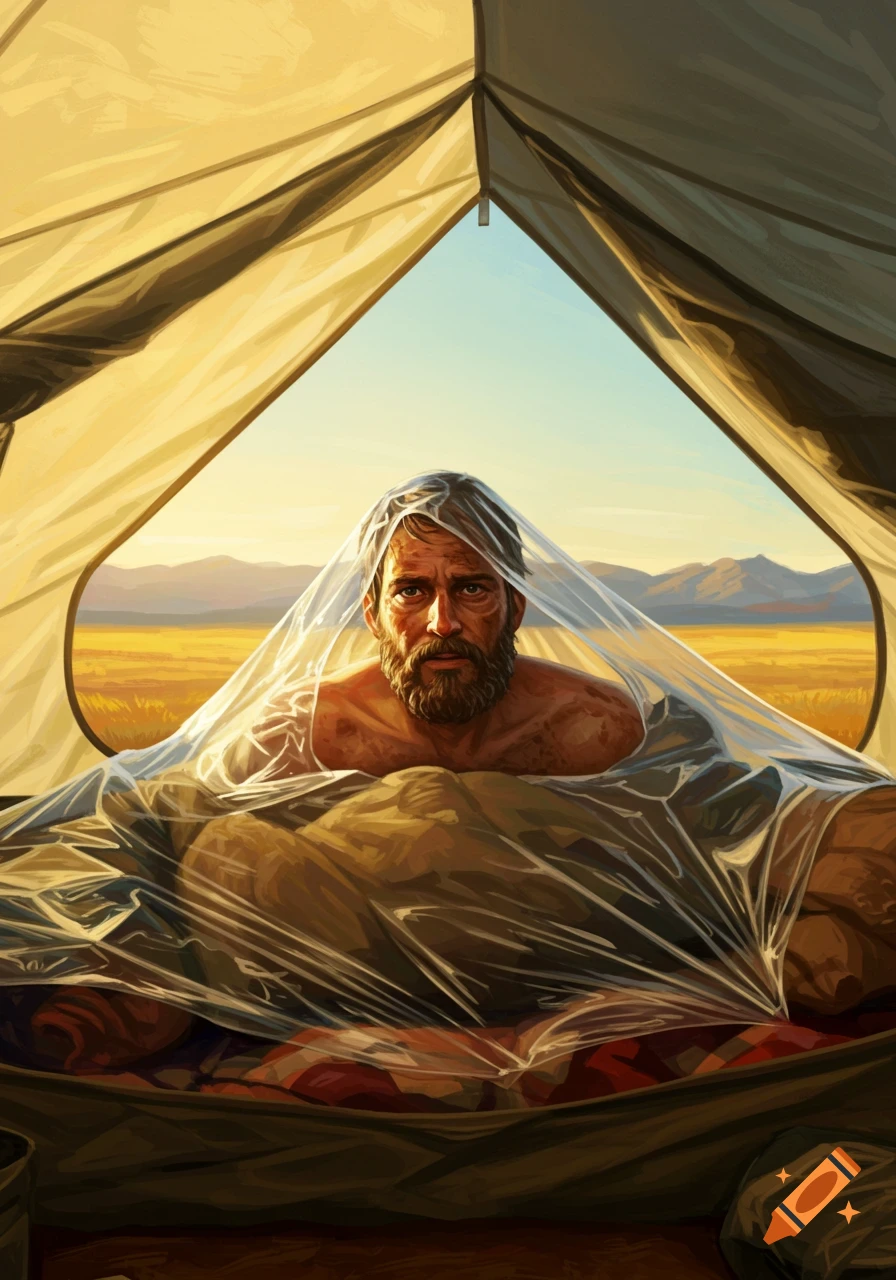 A bearded man, covered in plastic film, emerges from a sleeping bag inside a tent with a sunny, arid landscape outside.