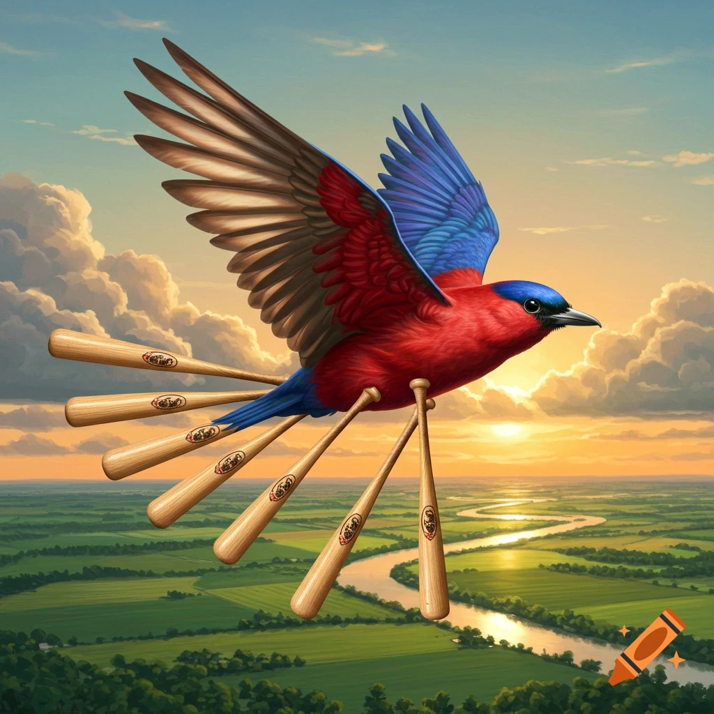 A vibrant red and blue bird with baseball bats for wings flies over a green landscape with a winding river at sunset.