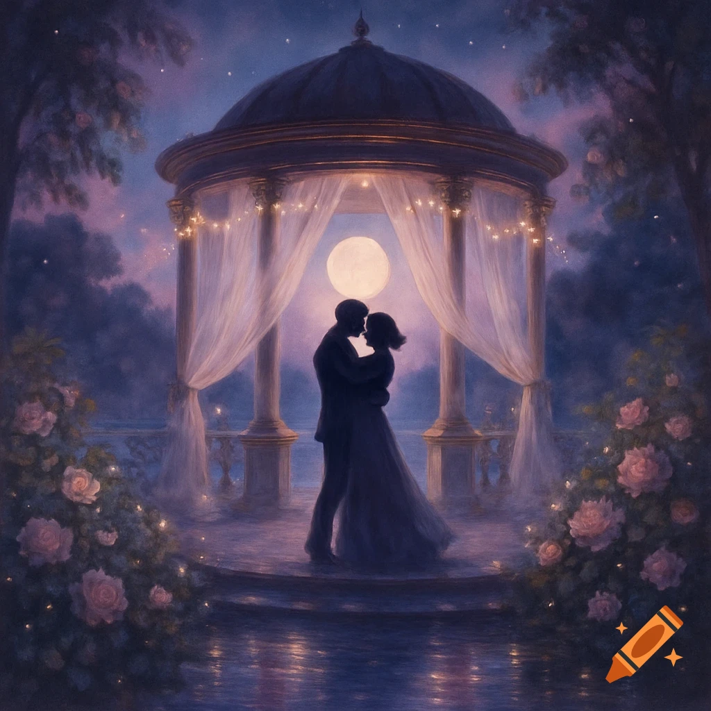 A silhouetted couple embraces under a glowing gazebo with a full moon in the background, surrounded by roses in a dreamy night scene.