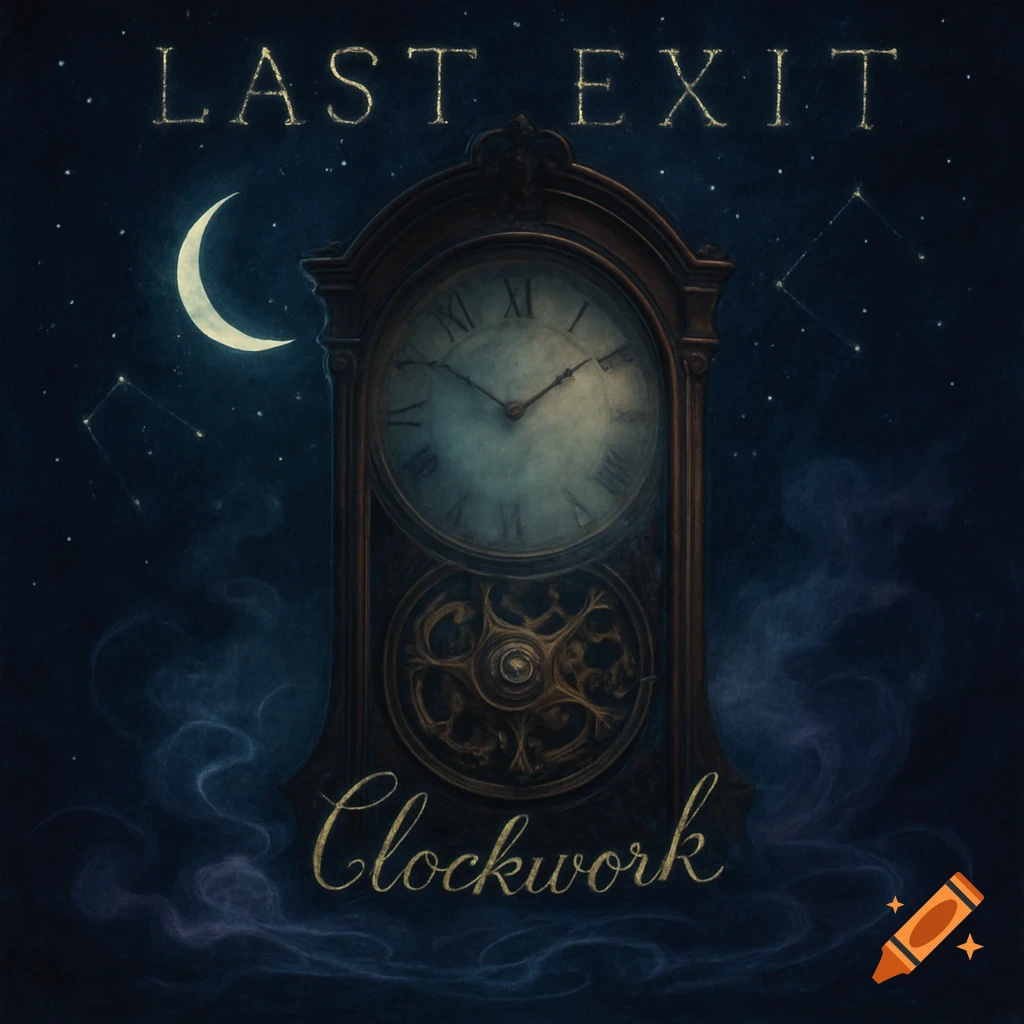 A vintage grandfather clock under a starry night sky with a crescent moon and the text 'Last Exit' and 'Clockwork'.