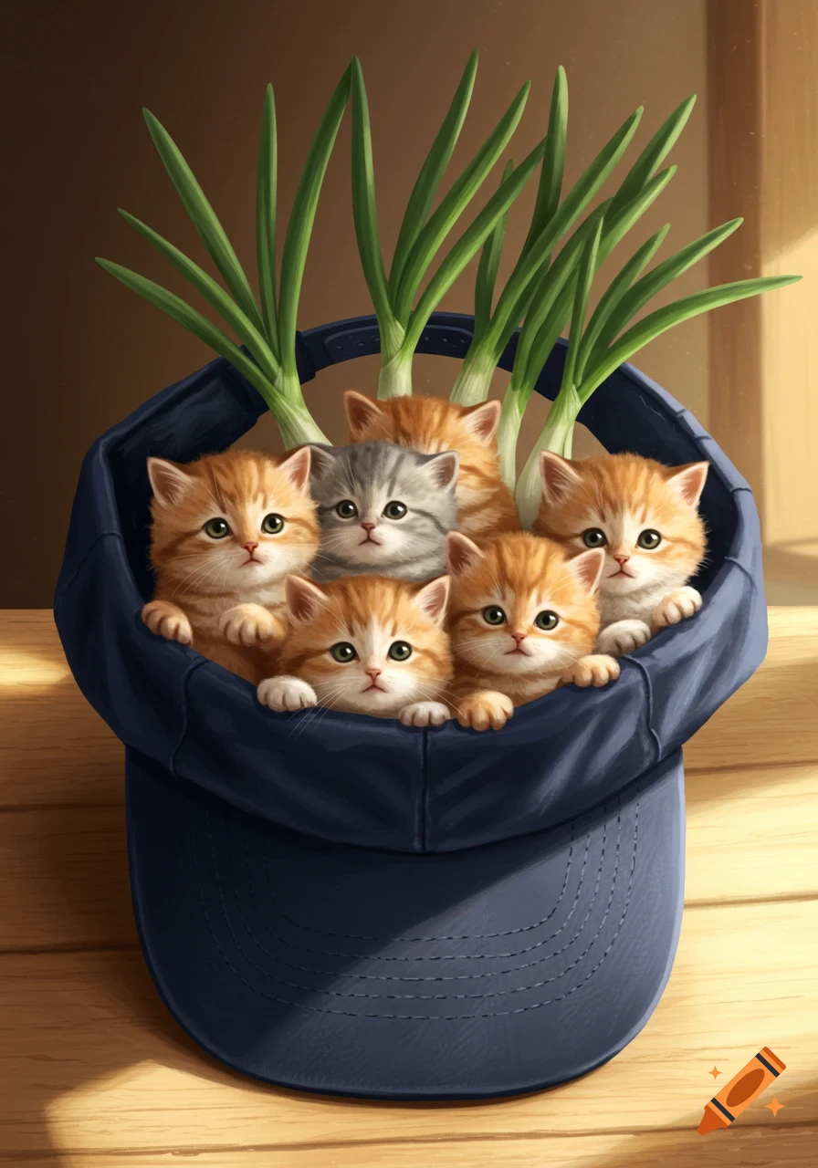 Several cute kittens, mostly ginger with one grey, peeking out of a navy blue baseball cap from which green onions also sprout.