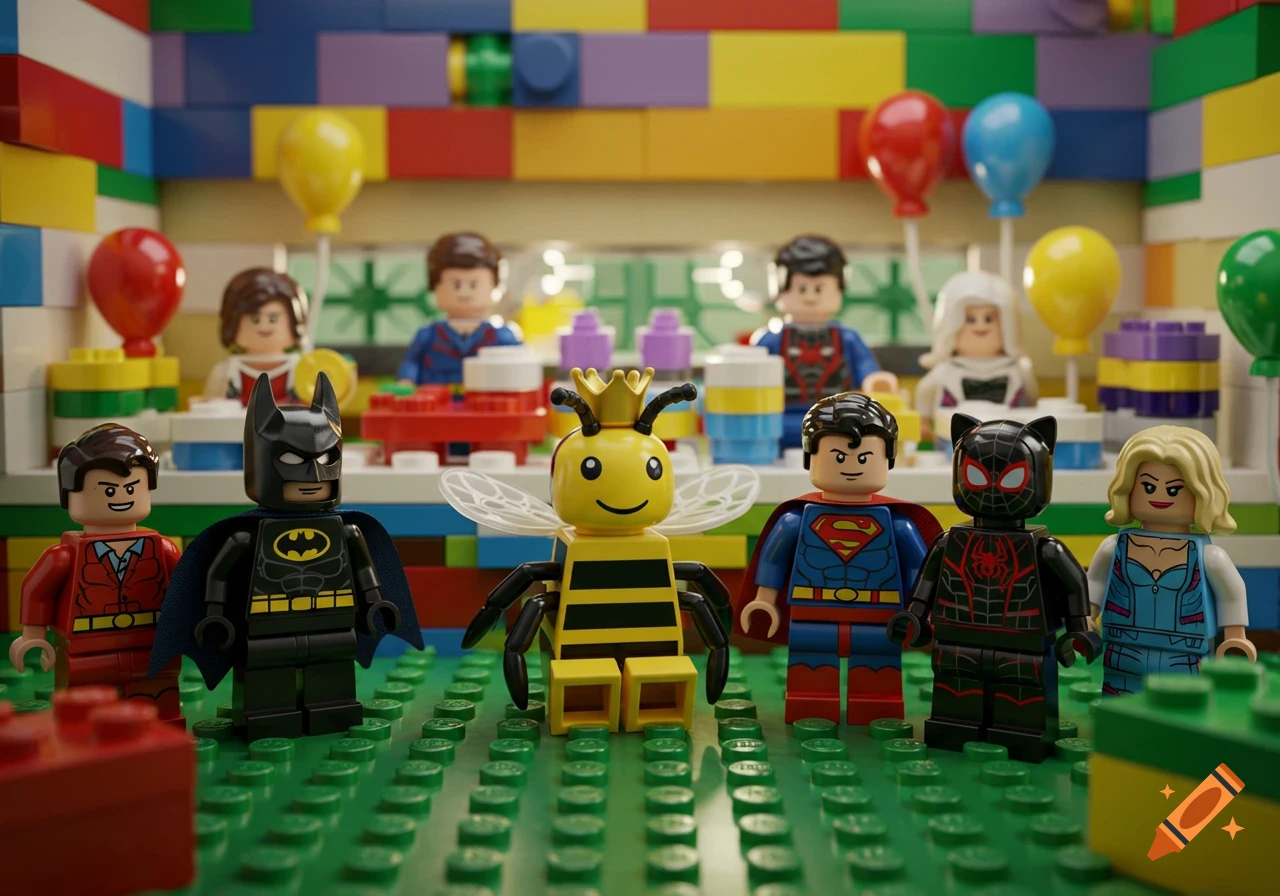 Lego superhero minifigures, including Batman, Superman, Miles Morales, and Gwen Stacy, along with a bee character, stand on a green Lego base at a colorful birthday party.