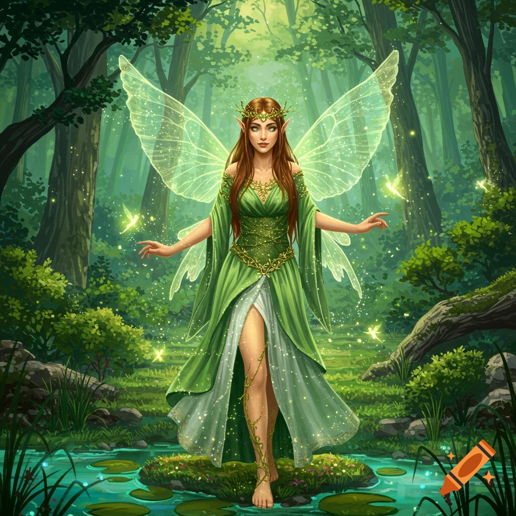 A beautiful fantasy fairy with long brown hair and glowing wings, wearing a green dress, stands barefoot in a magical forest pond.