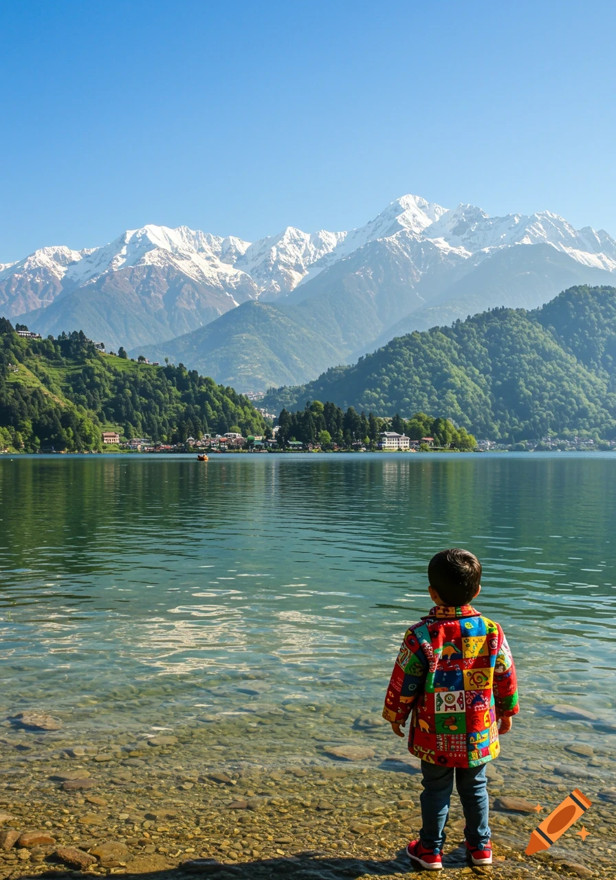 A child in colorful clothes on a rocky shore looks at a tranquil lake, with snow-capped mountains and green hills under a blue sky.