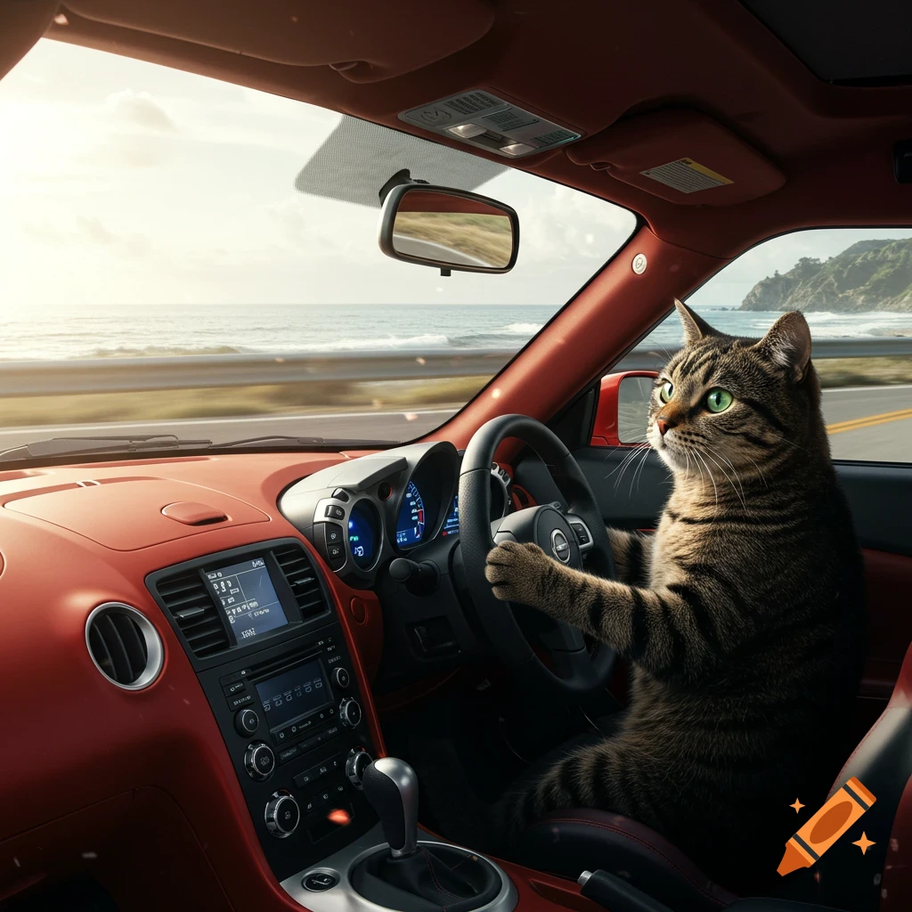 A tabby cat with green eyes sits behind the wheel of a red car, driving along a coastal road with the ocean visible in the background, in a photorealistic style.
