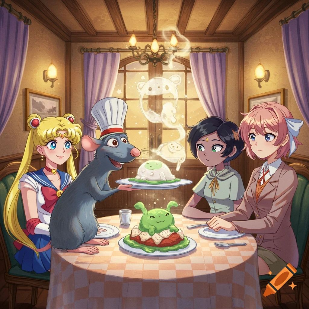 Remy the rat serves green food to Sailor Moon, Marcy Wu, and Sayori at a restaurant table, anime style.
