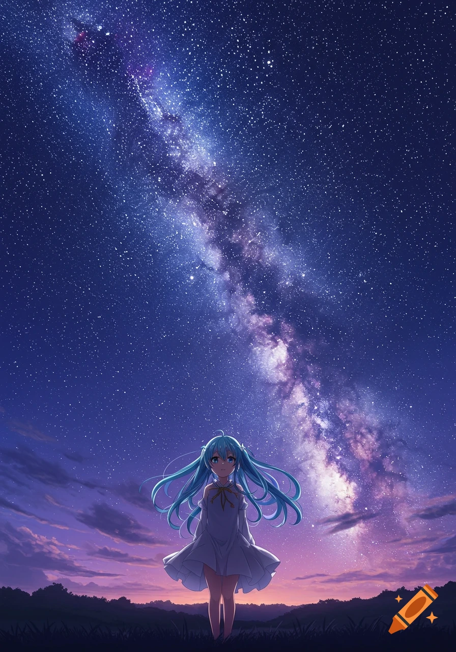 An anime girl with blue hair and a white dress stands under a vibrant Milky Way galaxy and starry night sky.