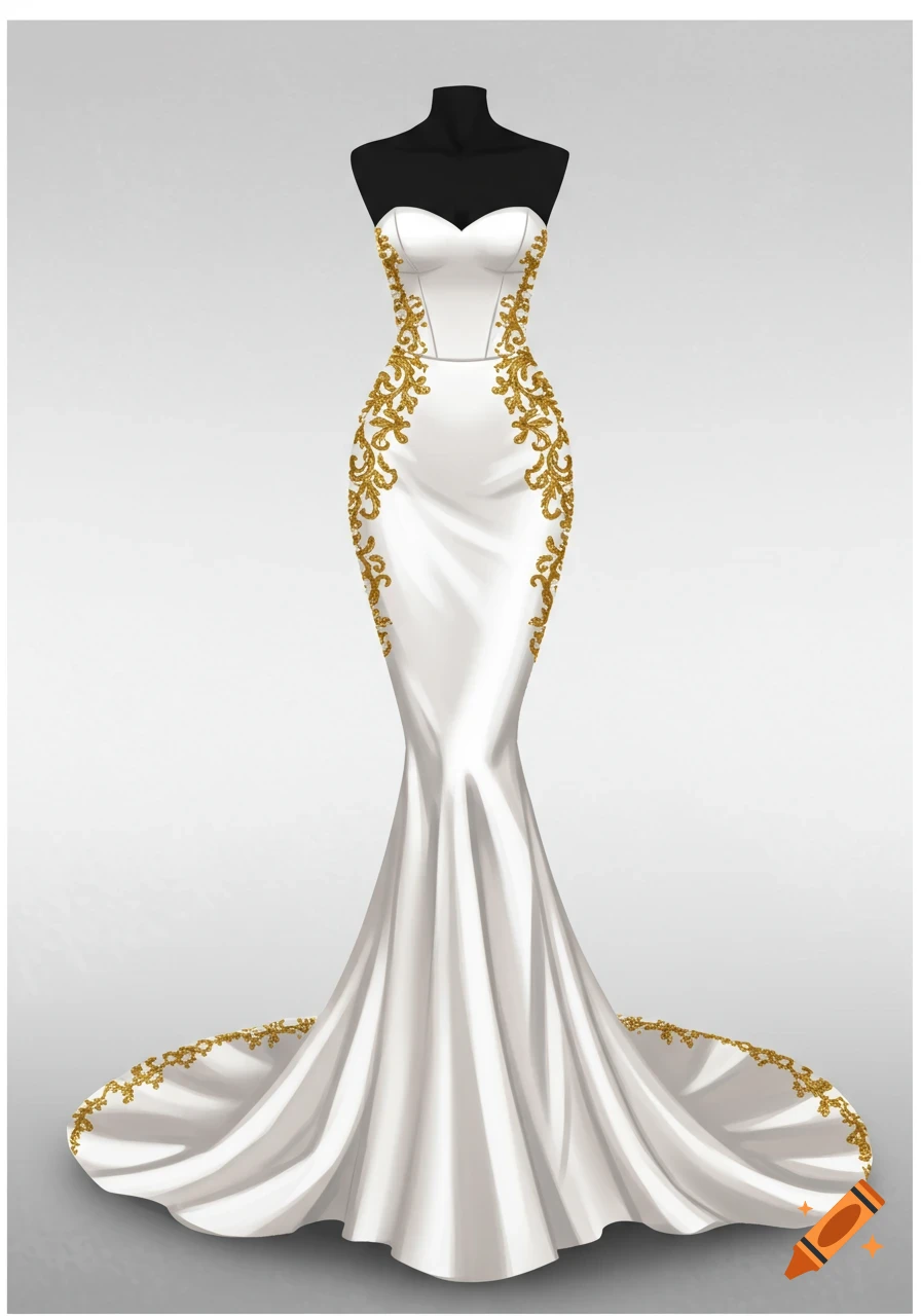 A white satin mermaid gown with a sweetheart neckline and gold lace embroidery on a black mannequin.
