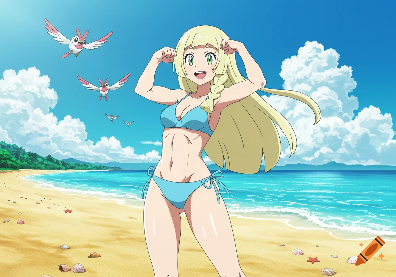 Anime style illustration of Lillie from Pokémon in a blue bikini flexing her arms on a sunny beach with small birds flying overhead.