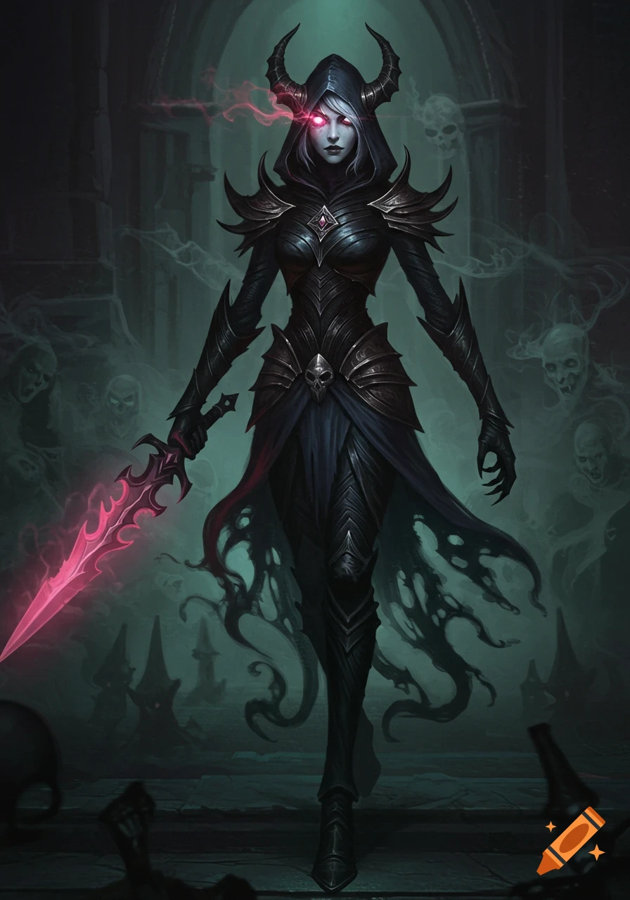 A pale-skinned female figure with horns and glowing red eyes stands in dark, ornate armor, holding a glowing pink sword, surrounded by ghostly figures in a dark, mysterious setting.