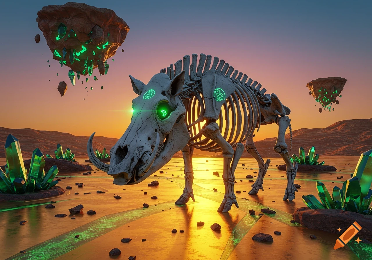 A skeleton boar with glowing Bitcoin symbols in its eyes and body stands on a golden desert with green crystals and floating islands at sunset.