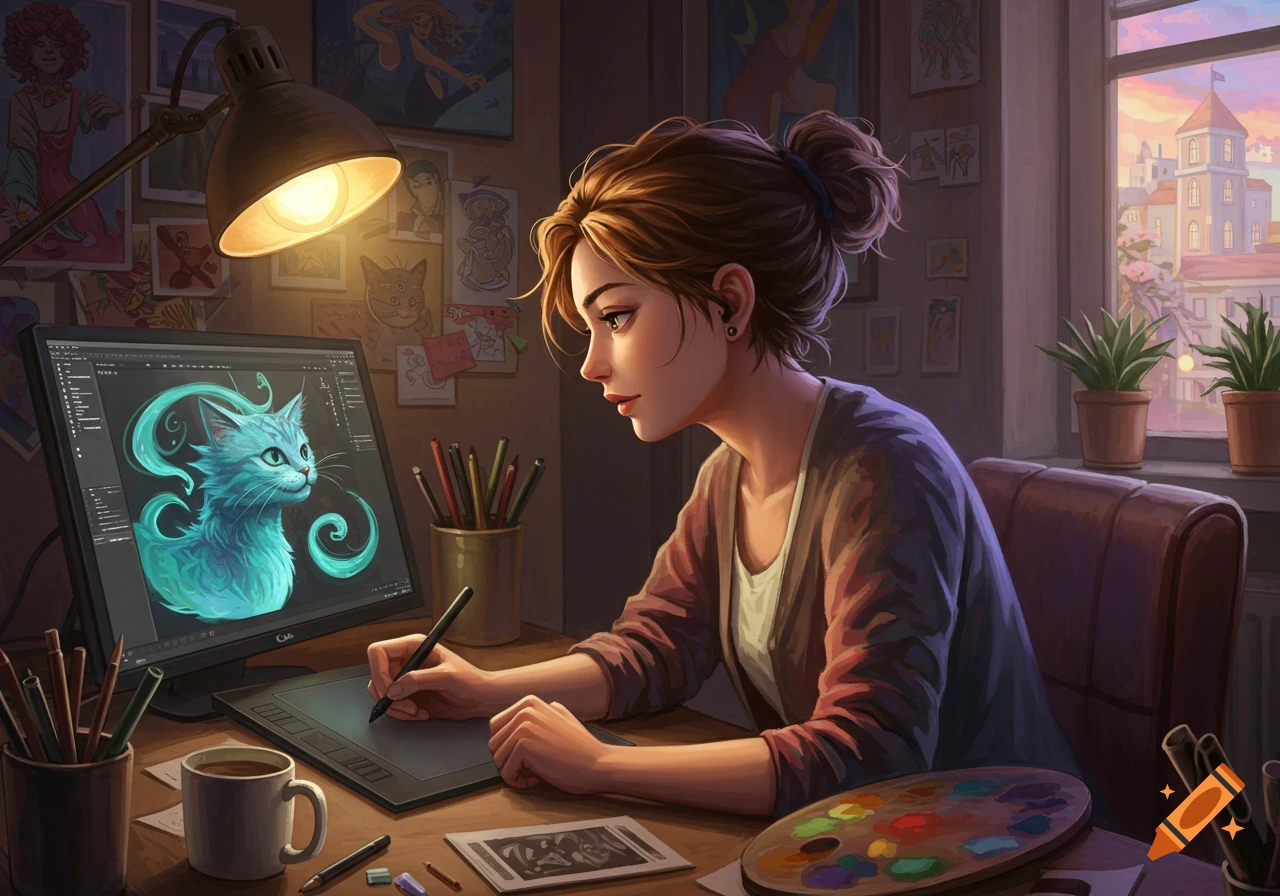 A female digital artist draws a glowing blue cat-like creature on a computer screen in her studio.