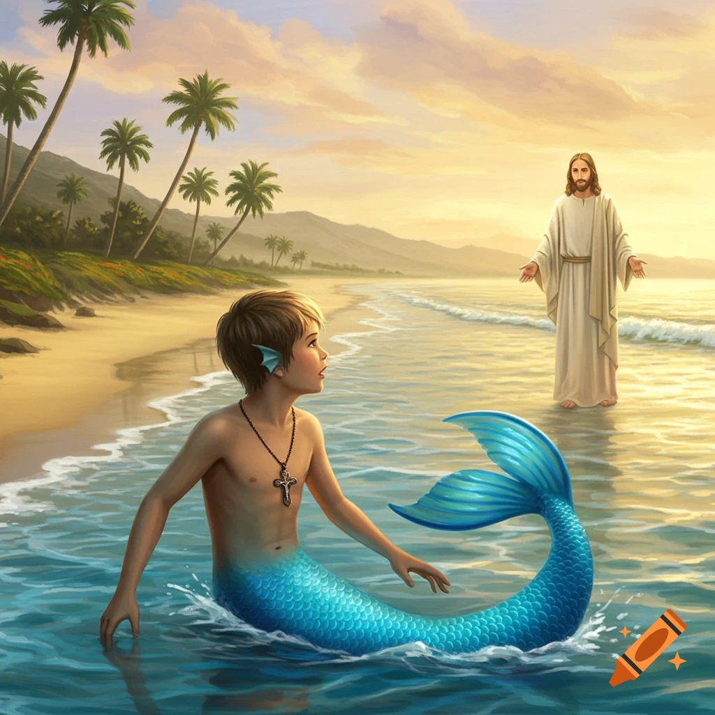 A merboy with a blue tail and a cross necklace meets Jesus Christ on a beach at sunset.