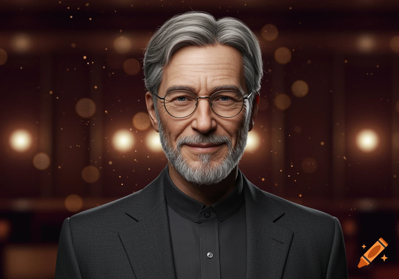 Photorealistic portrait of a smiling older man with gray hair and glasses in a suit against bokeh lights.