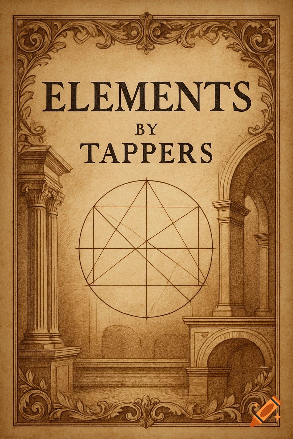 A sepia-toned, vintage-style illustration of a book cover titled 'ELEMENTS BY TAPPERS', with classical architecture and a central geometric diagram.