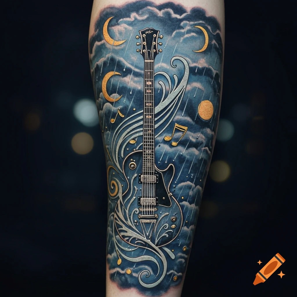 A stylized tattoo on an arm depicting an electric guitar, crescent moons, and musical notes against a stormy, rainy sky.
