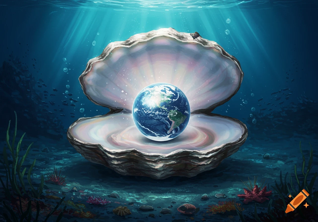 The Earth nestled inside a large glowing oyster on the ocean floor, with light rays shining from above.