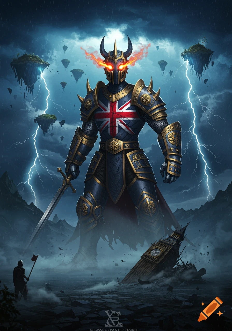 A massive armored knight with glowing eyes and Union Jack emblazoned on its chest stands amidst lightning, floating islands, and a destroyed Big Ben.
