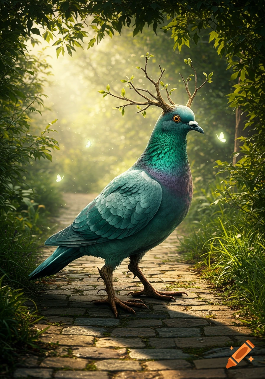 A vibrant green and purple pigeon with wooden antlers on its head stands on a stone path in a sunlit forest, with glowing butterflies.