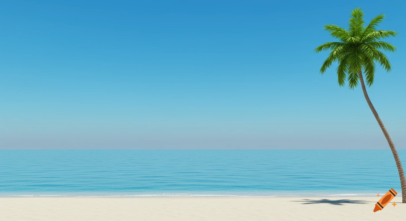 A white sand beach with an azure ocean under a clear blue sky, with a single palm tree on the right.