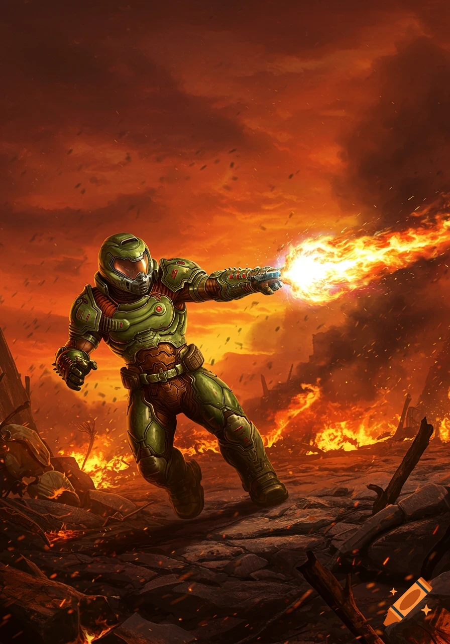 Doomguy in green armor shoots fire in a fiery, apocalyptic landscape.