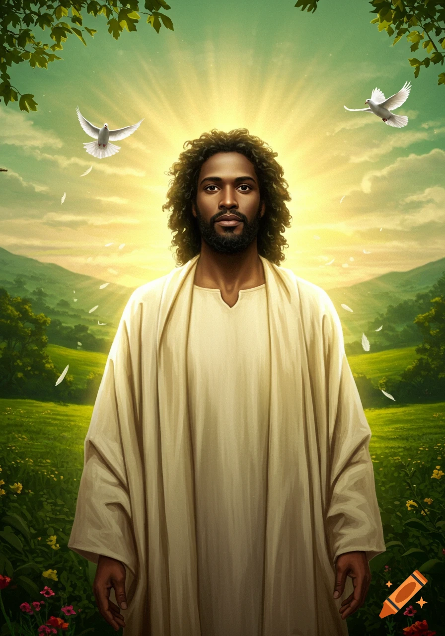 A dark-skinned man with curly hair and a beard, wearing light robes, stands in a green field under a glowing sky with two white doves.