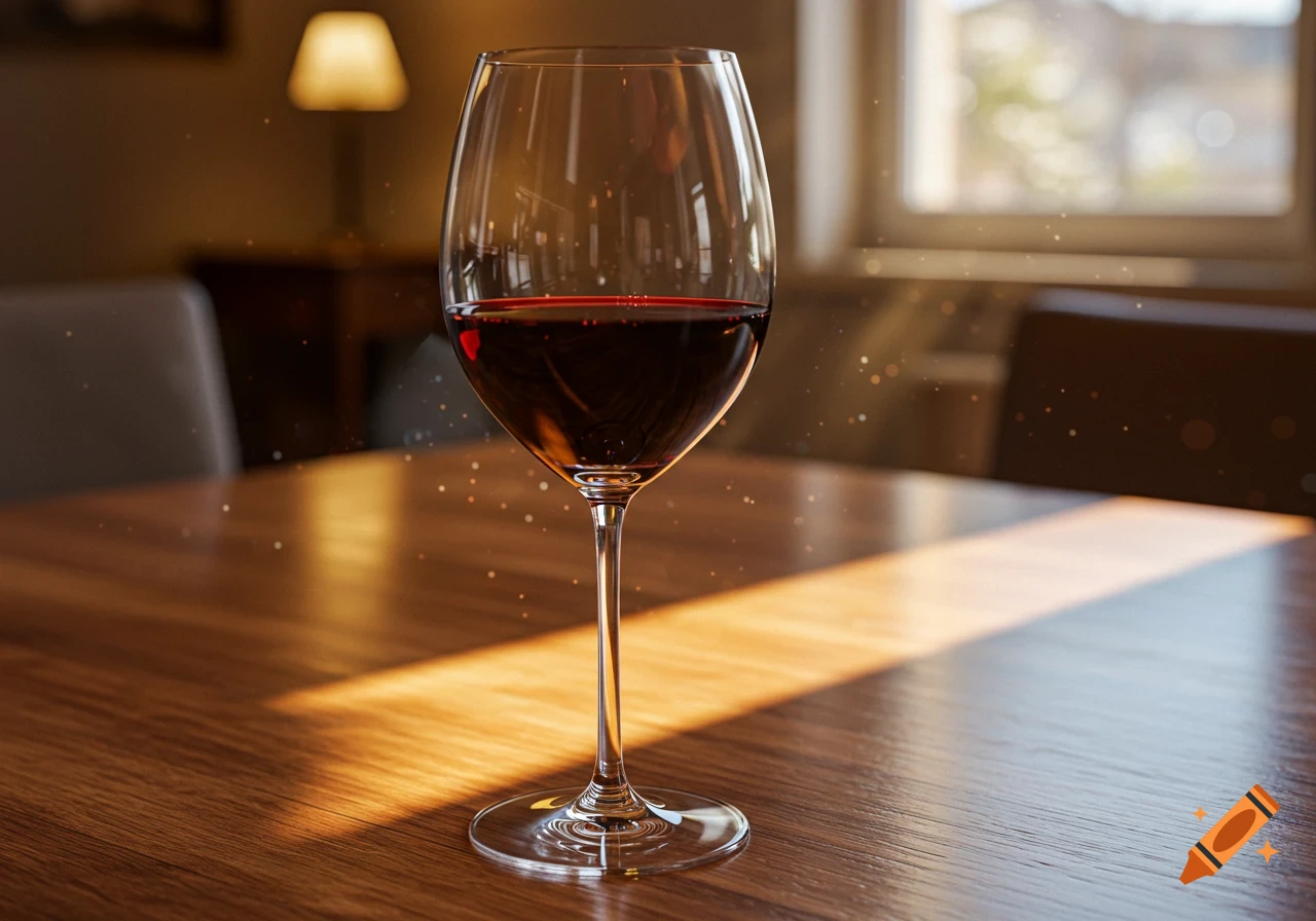 A full glass of red wine sits on a wooden table, bathed in warm sunlight coming from a nearby window.