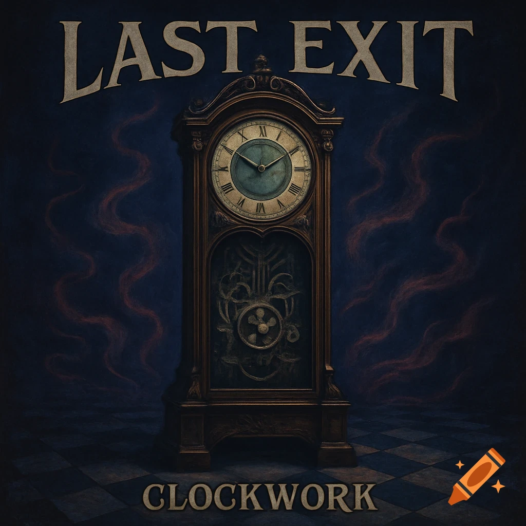 A dark, moody album cover featuring a detailed wooden grandfather clock. 'LAST EXIT' is at the top, and 'CLOCKWORK' is at the bottom.