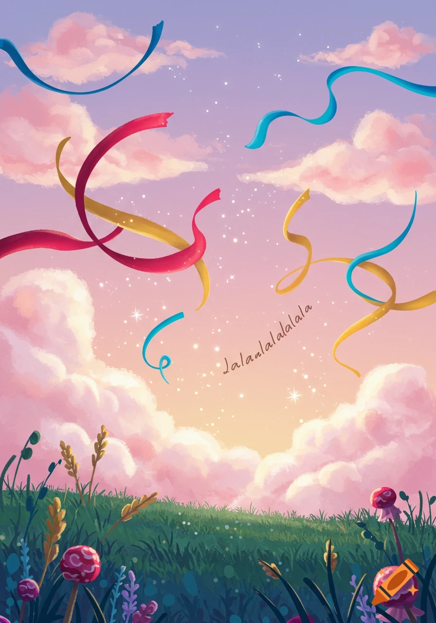 Whimsical illustration of a sunset sky with pink clouds, colorful ribbons, a green field, and stylized plants. The word 'lalalalalala' floats in the sky.