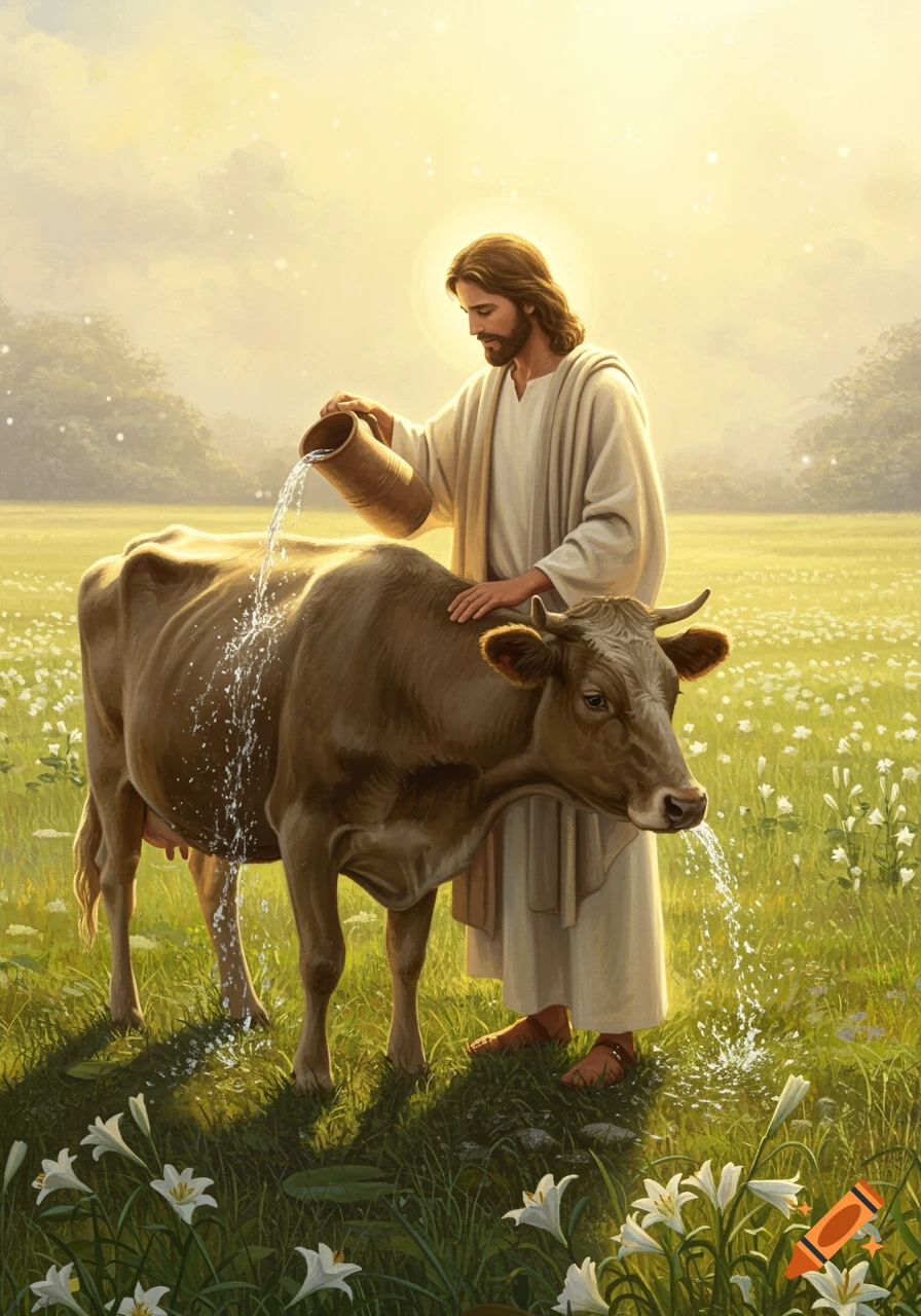 Jesus, with a halo, pours water over a brown cow in a sunny field of white flowers. Realistic art style.