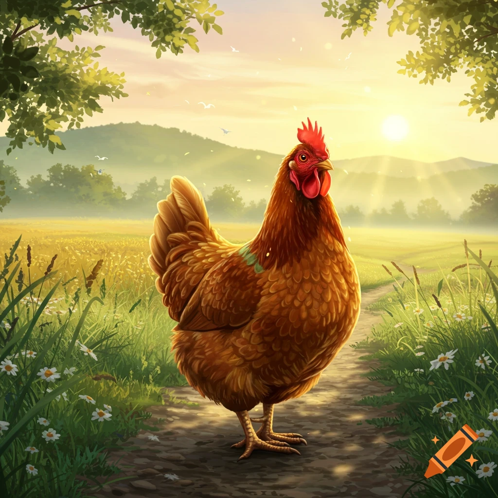 A brown chicken stands on a dirt path in a sunlit field with trees and mountains in the background, illustrated.