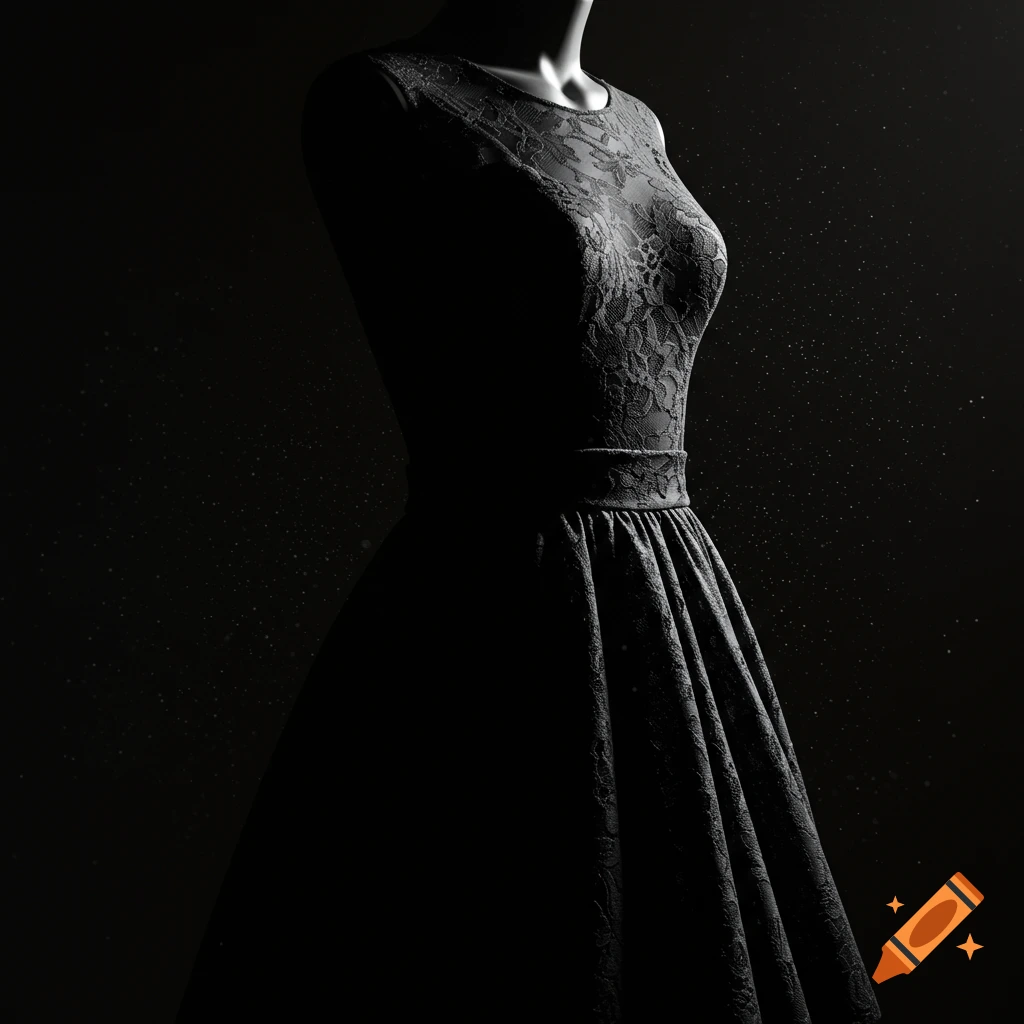 A black lace dress on a mannequin or dress form, dramatically lit against a dark, speckled background.