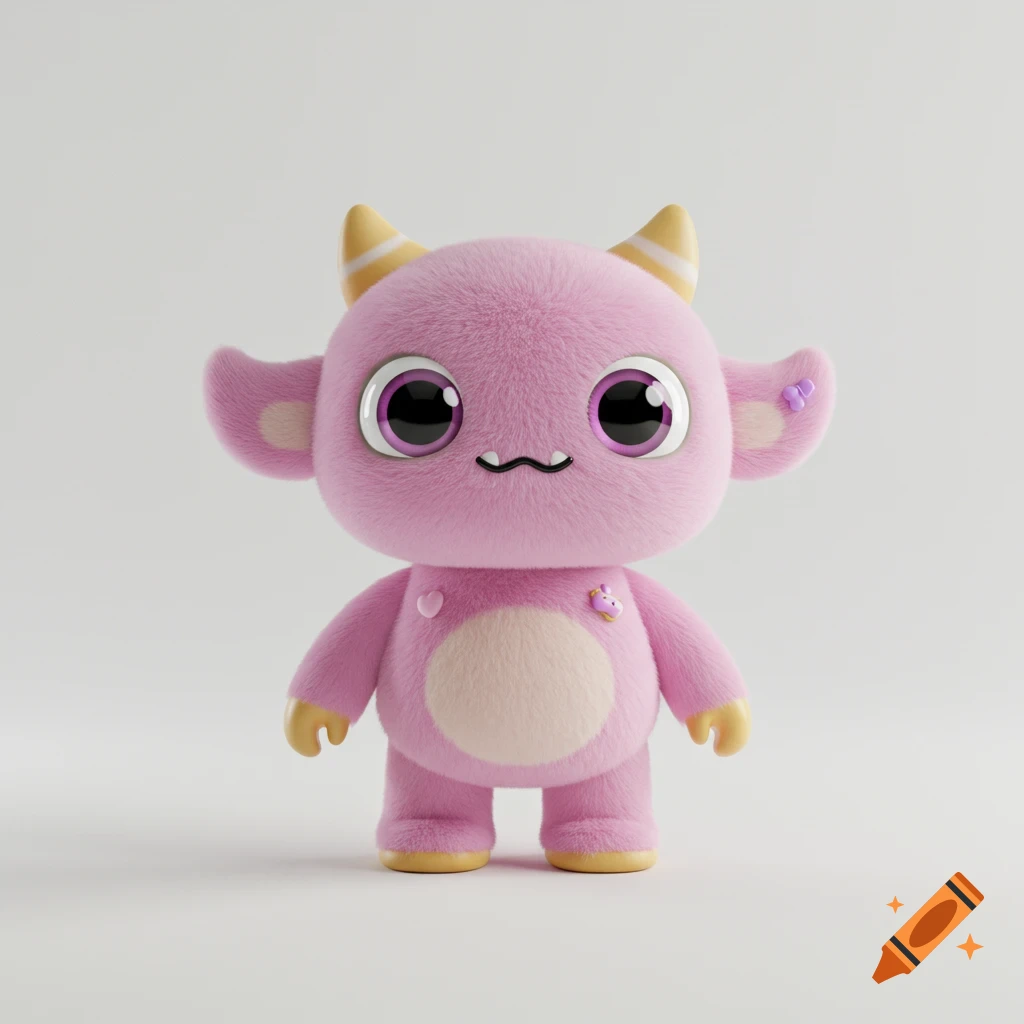 A cute, fluffy pink monster character with large eyes, yellow horns, and a small heart on its chest, rendered in 3D.