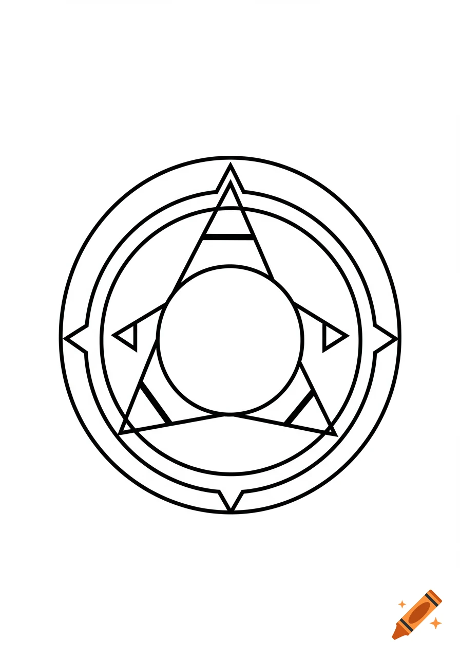 A simple black line drawing featuring two concentric circles enclosing three evenly spaced triangles, with a smaller circle at the center.