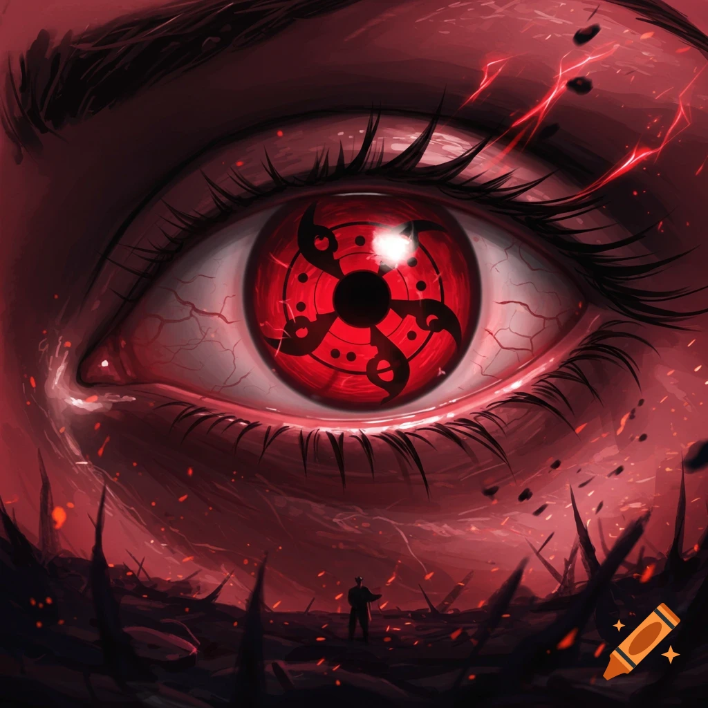 A close-up, dark fantasy style illustration of a large, glowing red eye with a complex, black Mangekyo Sharingan pattern in the iris, overlooking a spiky, desolate landscape with a small, lone figure.