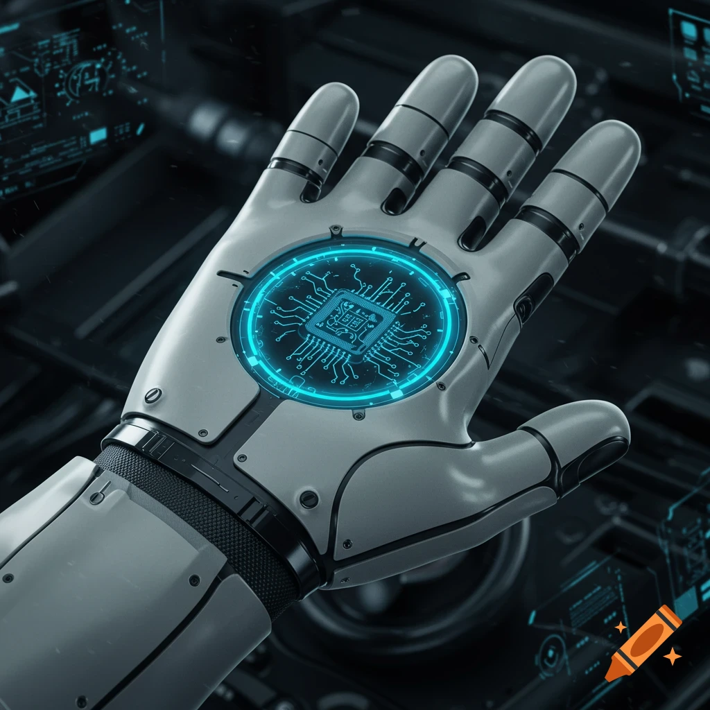 Close-up of a robotic hand with a glowing blue circuit board chip embedded in its palm, futuristic sci-fi setting.