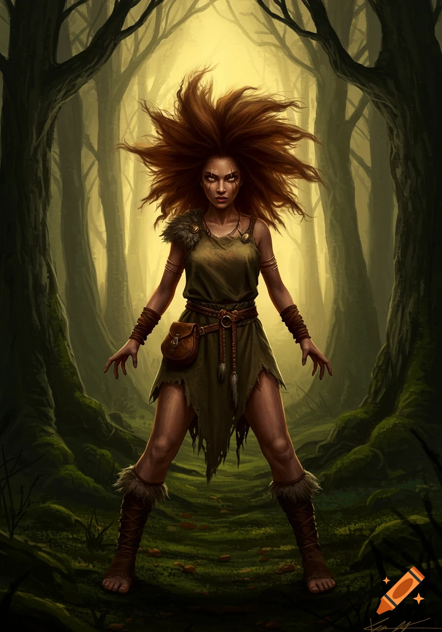 A fierce-looking woman with wild red hair and tribal markings stands in a mystical forest, light glowing behind her.