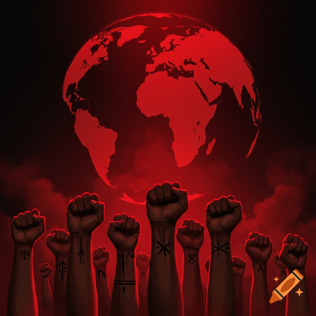 Raised fists with symbols on arms silhouetted against a red glowing Earth and sky.