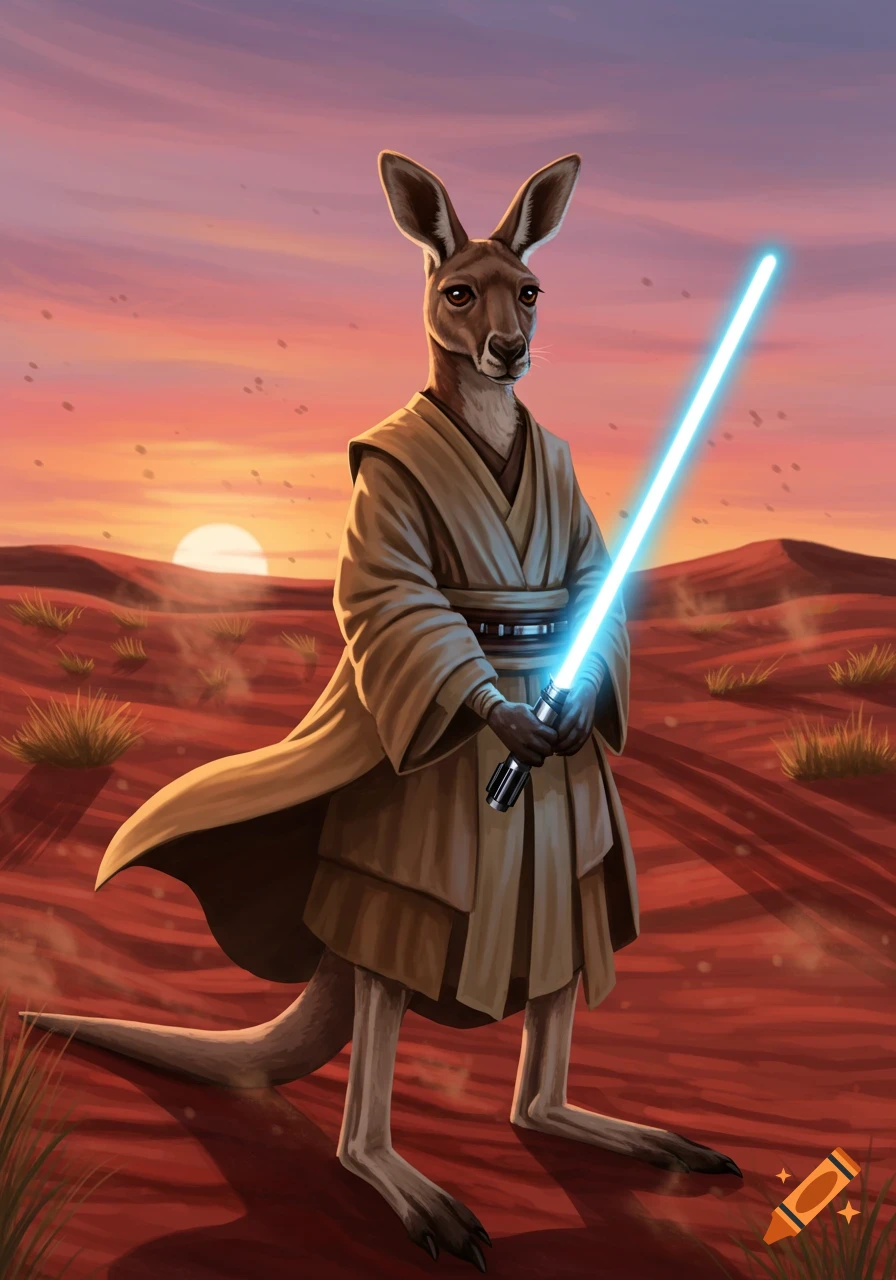 An illustration of an anthropomorphic kangaroo dressed as a Jedi, holding a blue lightsaber in a desert at sunset.