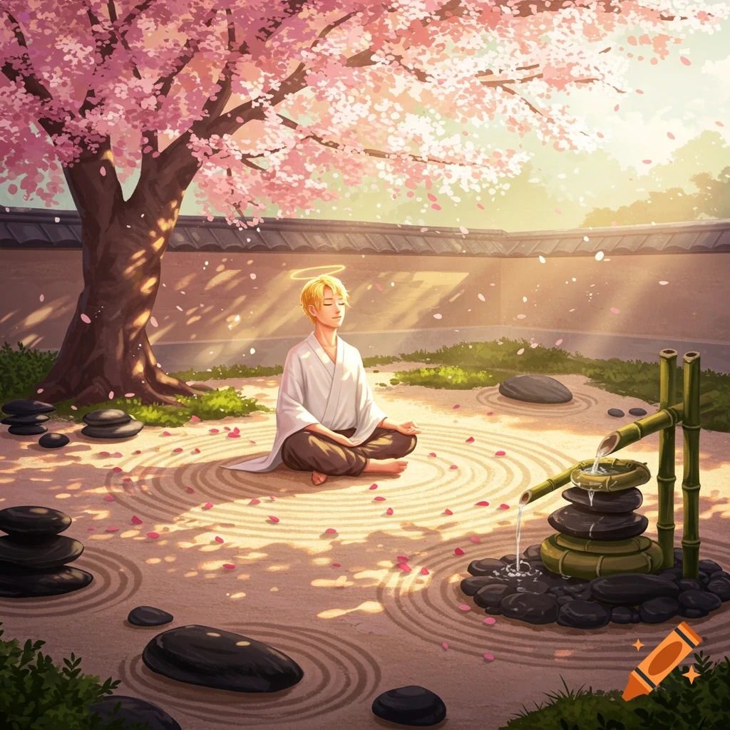 Blonde person meditating with eyes closed in a peaceful anime-style zen garden with a cherry blossom tree and bamboo water feature.