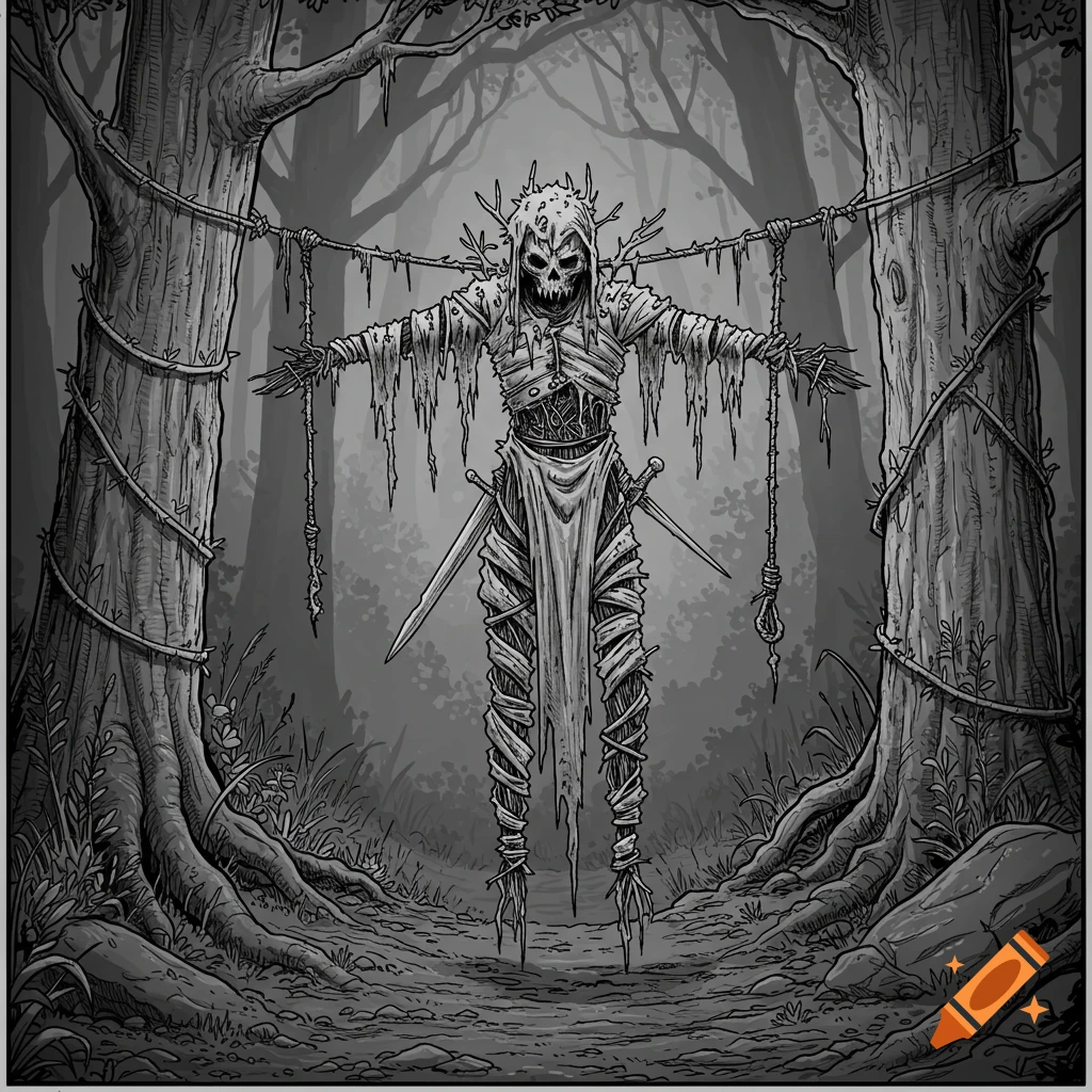 A black and white line art drawing of a grotesque effigy, made of twigs, moss, and bones, strung between two trees in a dark forest.