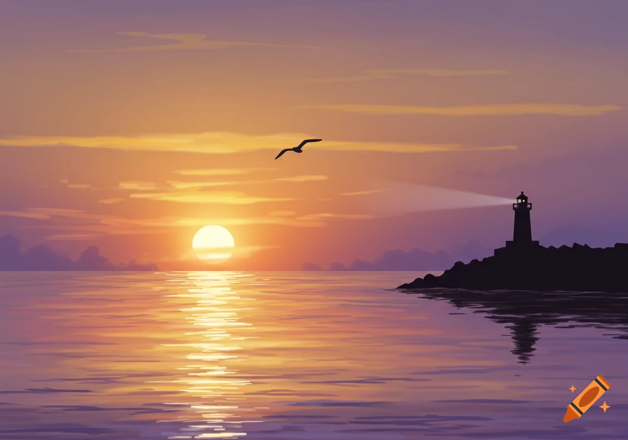 A stylized sunset over the ocean with a lighthouse on a rocky shore and a bird flying.