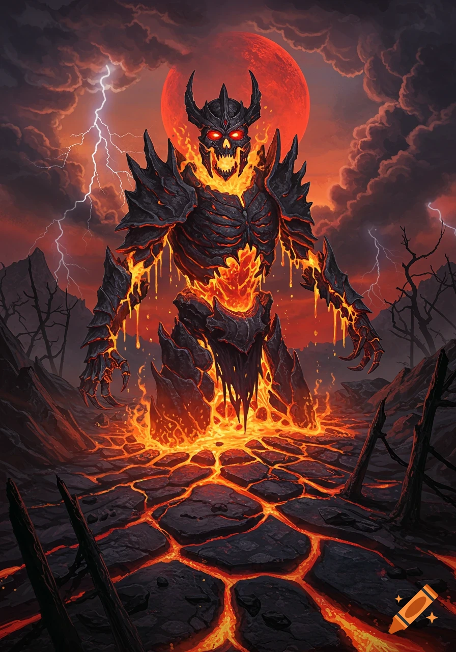A demonic lava creature in black armor stands on a fiery landscape under a red moon and lightning storm, heavy metal art style.