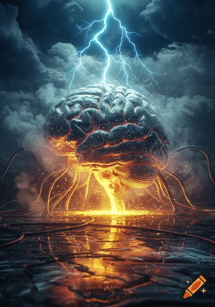 A glowing, metallic brain with circuit patterns under a lightning strike from dark clouds, connected by tendrils to a reflective surface.