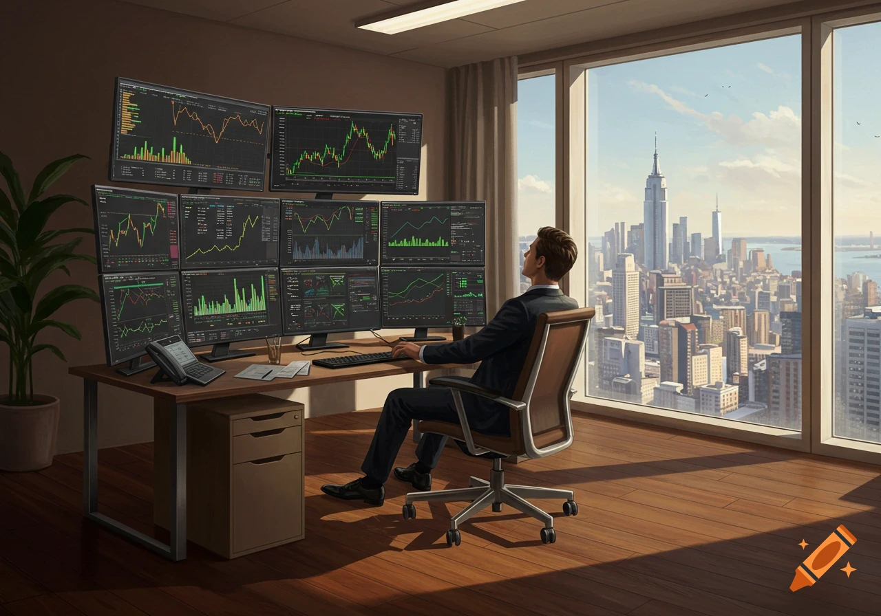A man in a suit sits at a desk with multiple stock trading monitors, looking at a city skyline from a large window.
