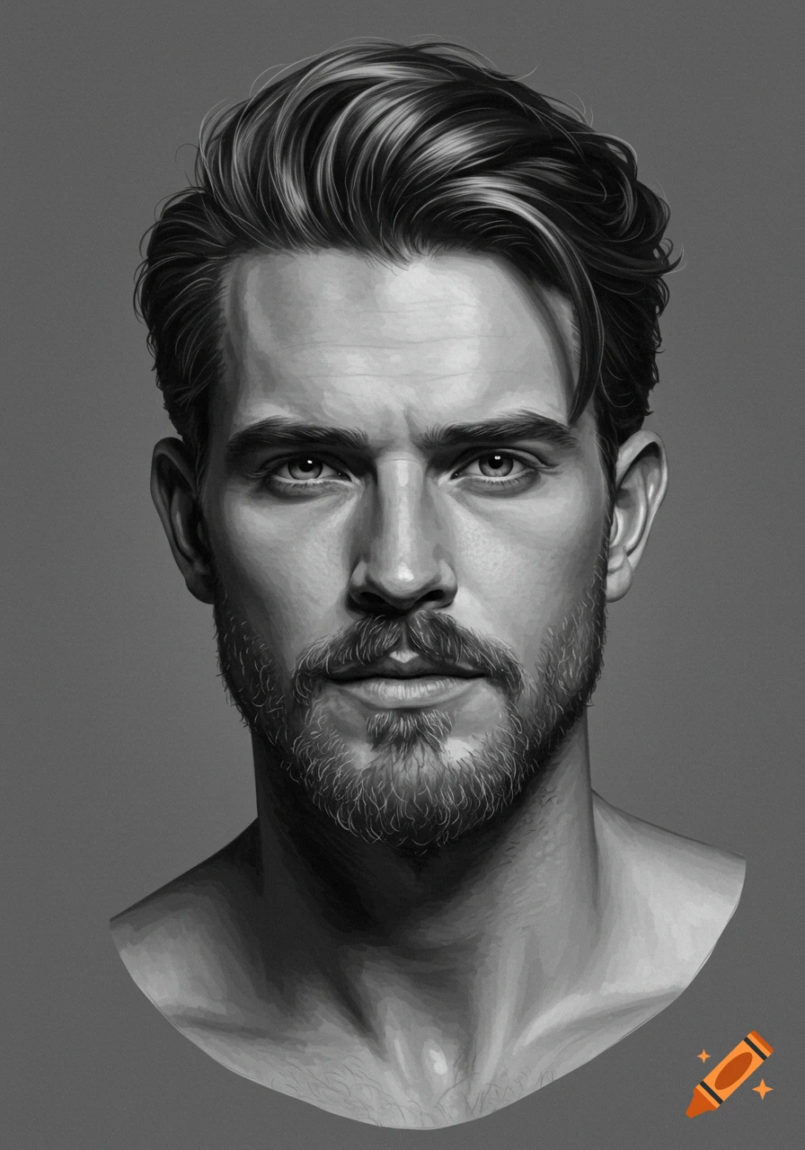 A grayscale portrait of a man with a beard and styled hair on a gray background.