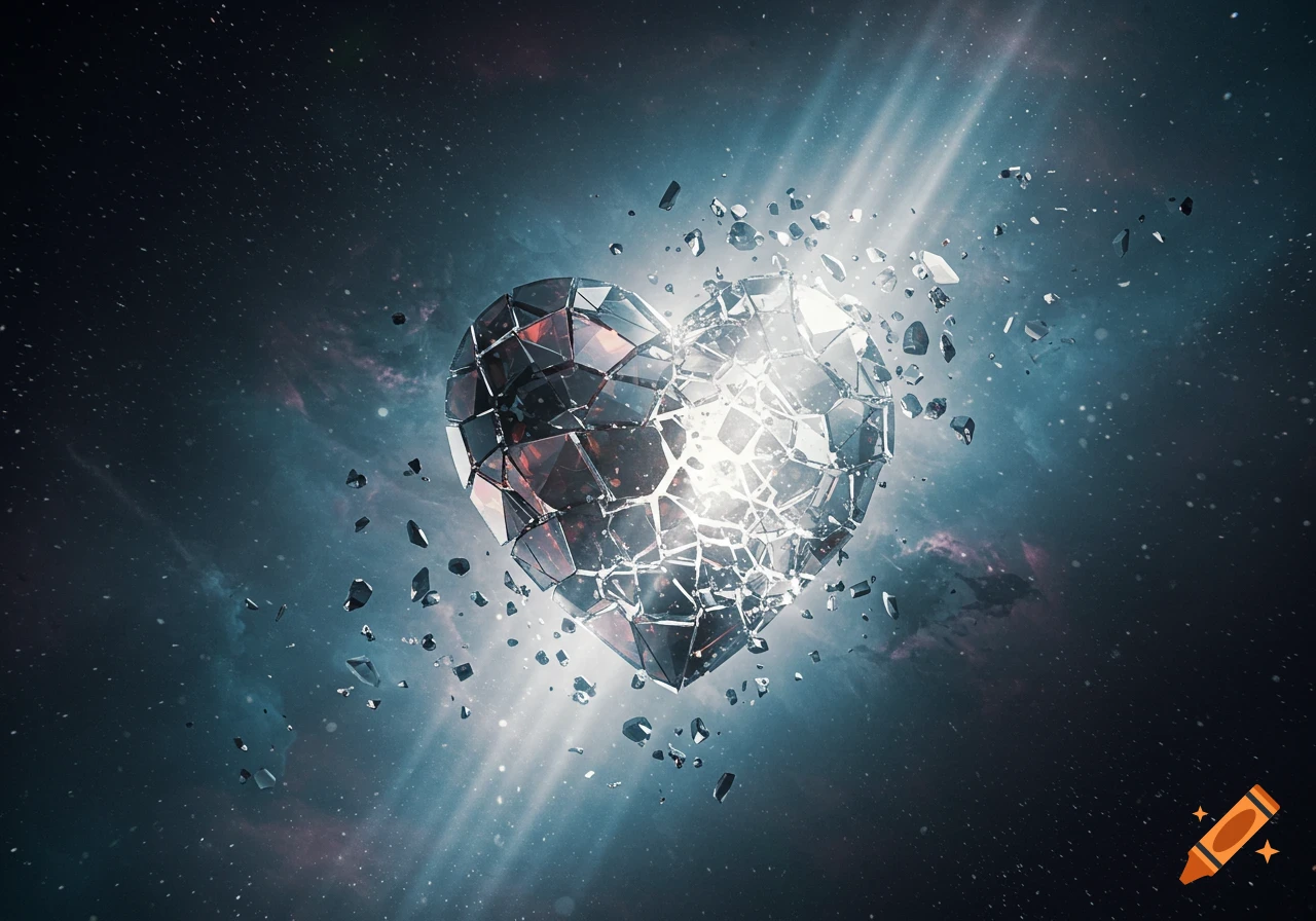 A shattered, geometric heart made of crystal shards glows brightly in the center of a dark, starry cosmic background with nebulous blues and purples.