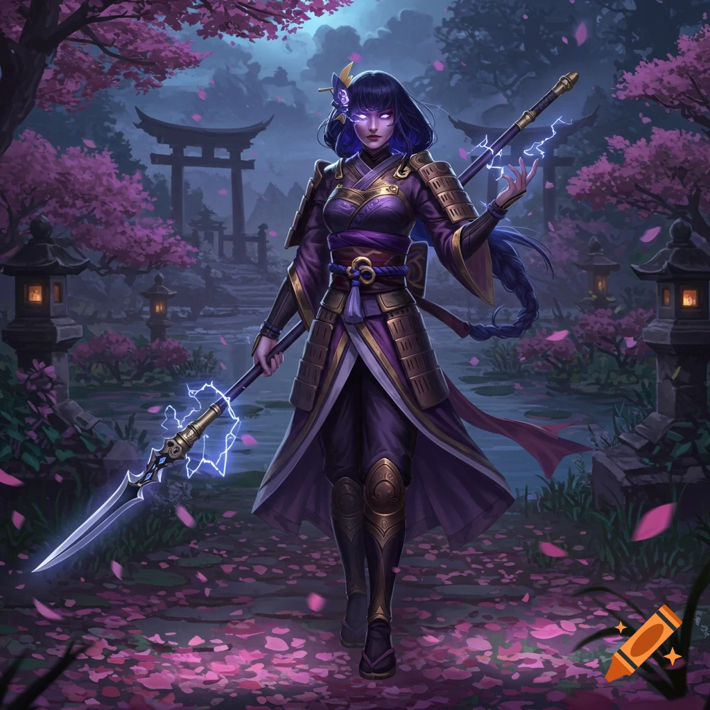 A female warrior in purple armor with glowing eyes holds a lightning-charged polearm in a moonlit cherry blossom forest with torii gates.